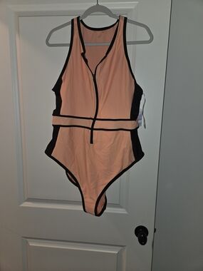 Forever 21 Peach and Black Colorblock One-Piece Swimsuit